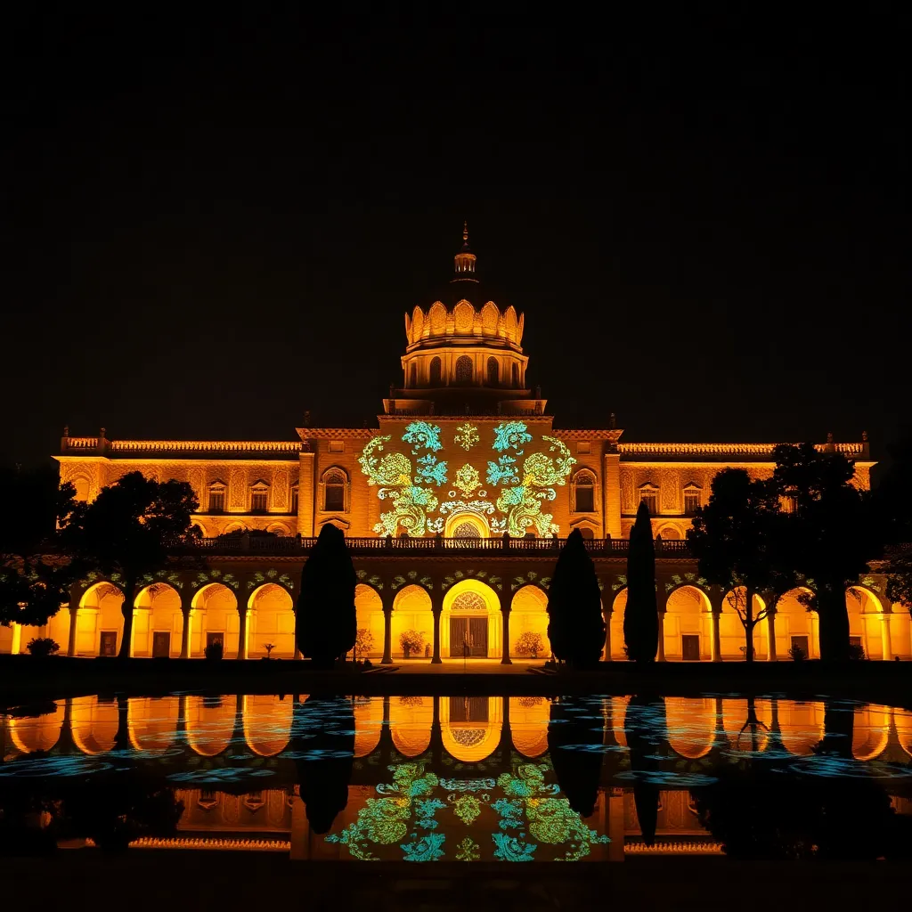 A building illuminated with colorful lights