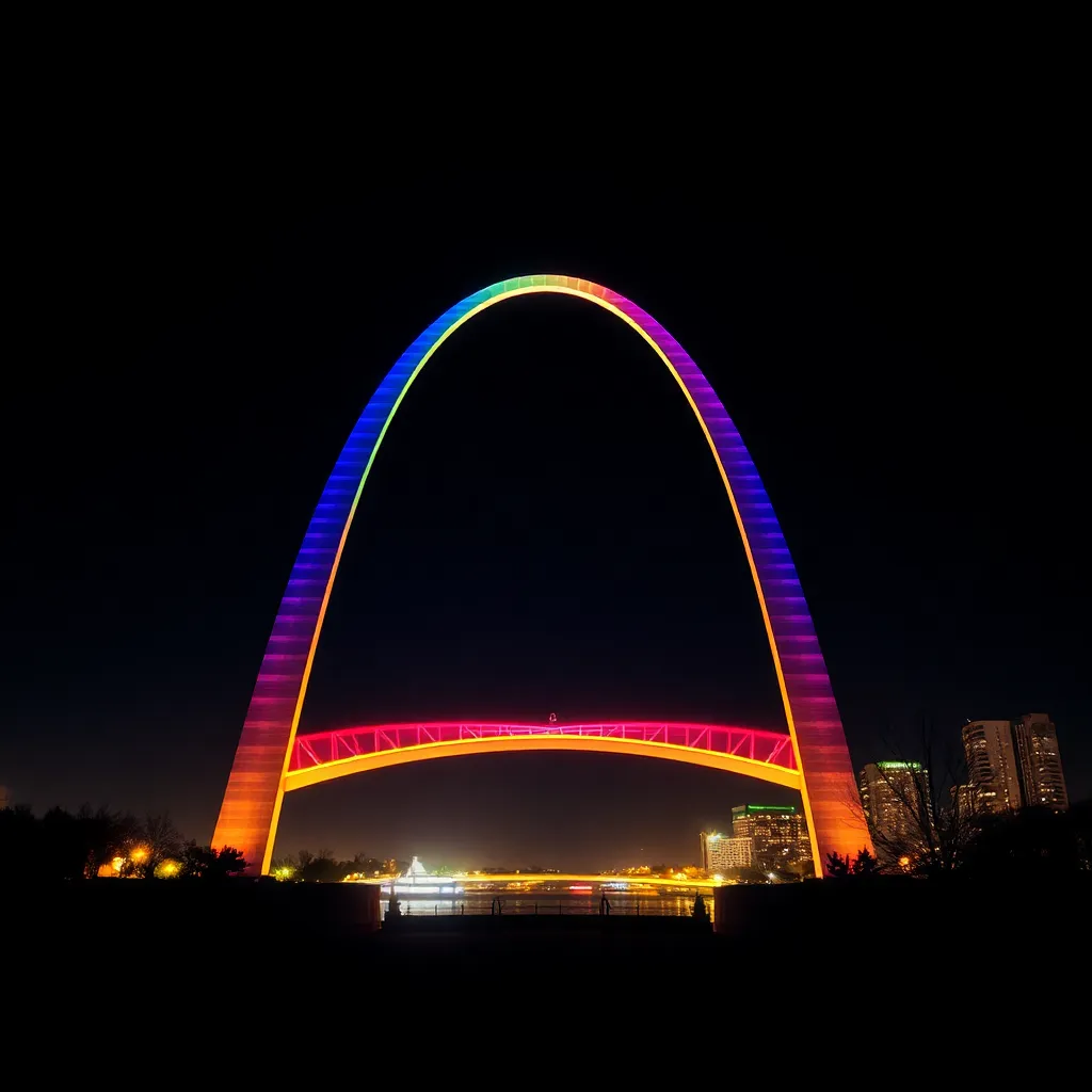 The Gateway Arch illuminated with a rainbow of colors