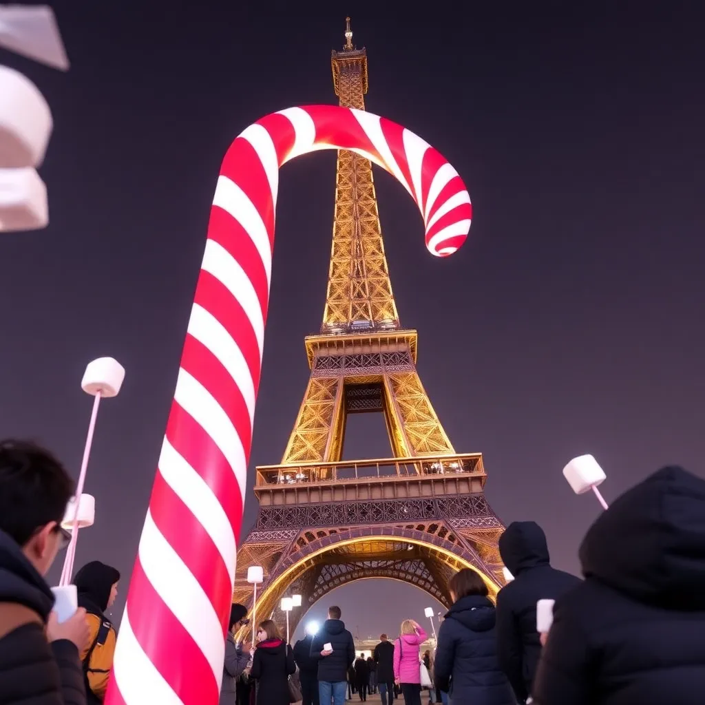 The Eiffel Tower decorated as a candy cane