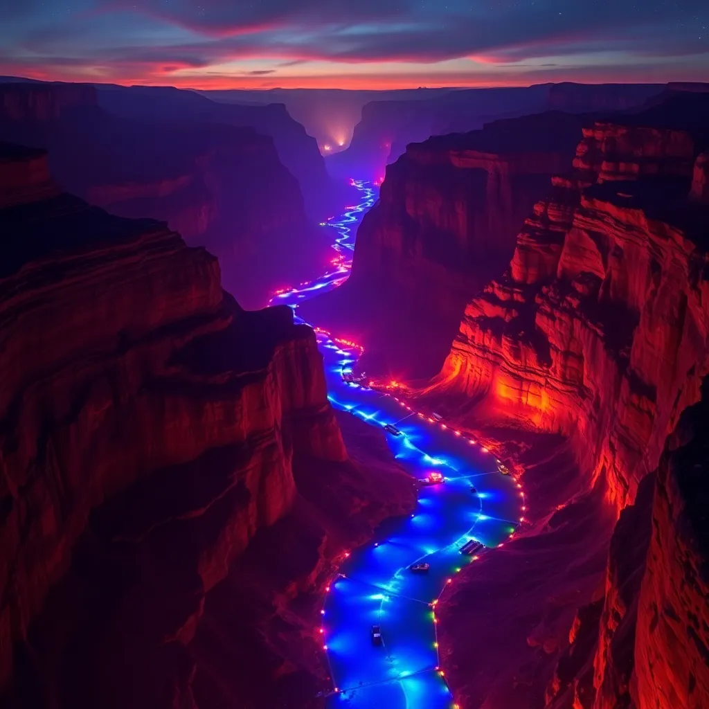 A canyon with a river flowing through it, illuminated with blue light