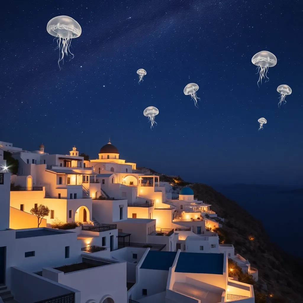 A picturesque village with glowing jellyfish in the sky