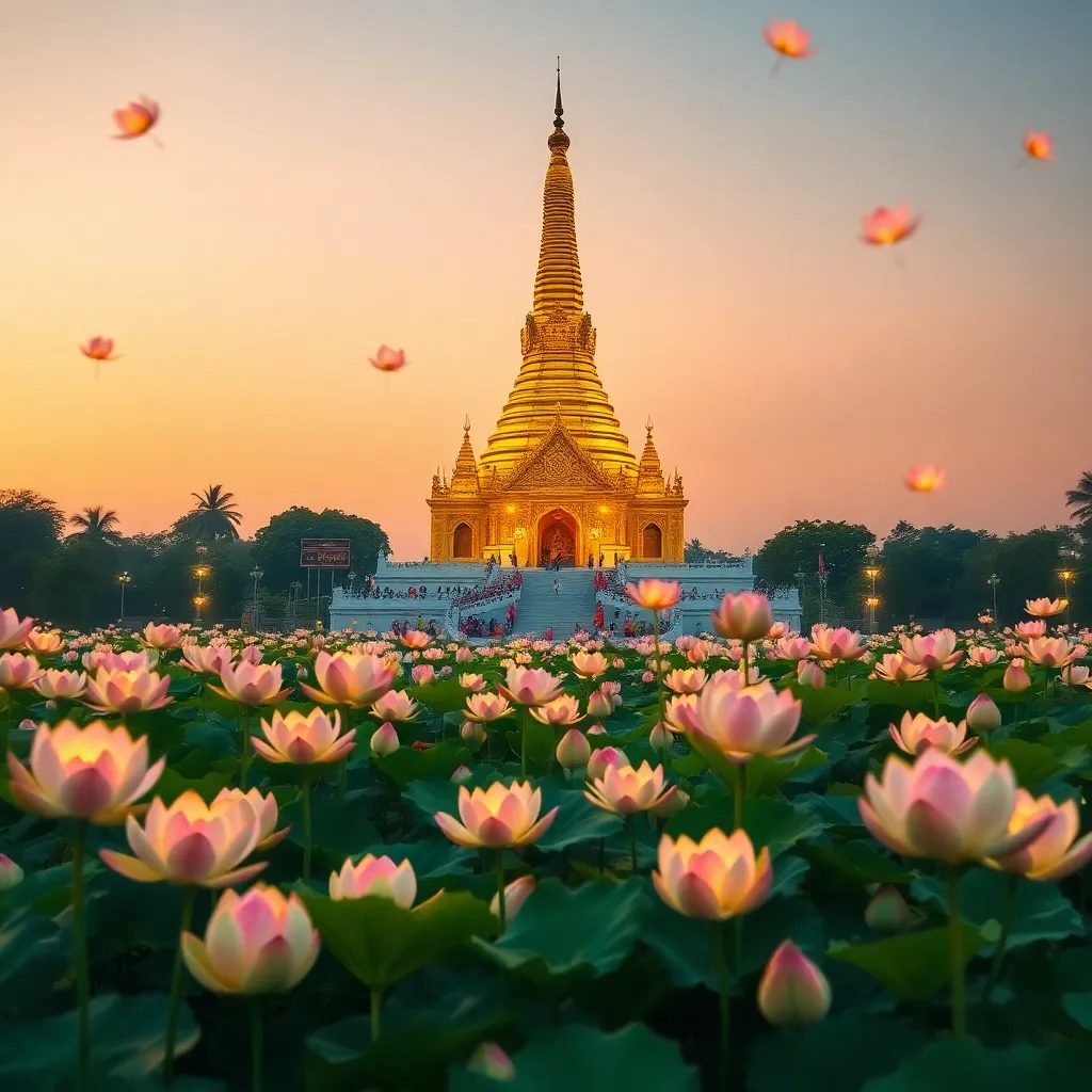 A golden pagoda surrounded by pink lotus flowers