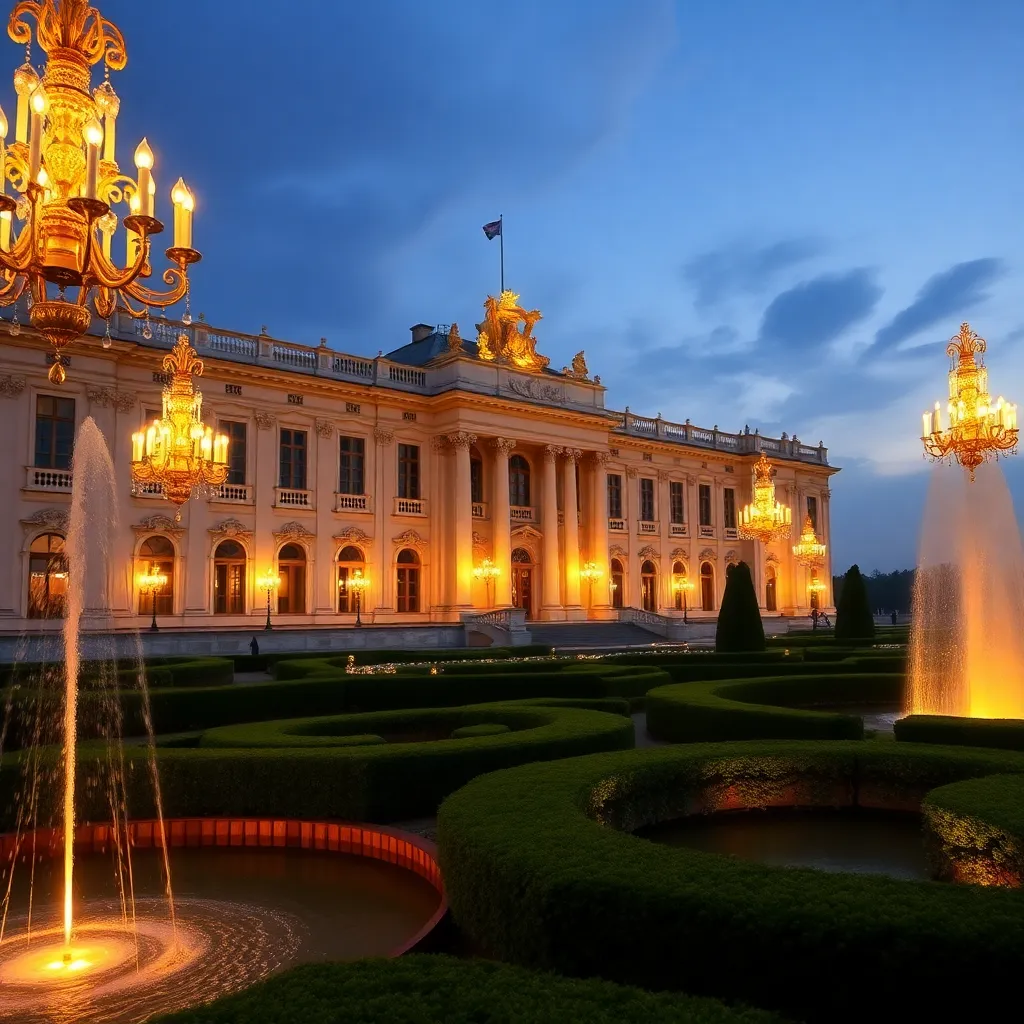 A large palace illuminated at night