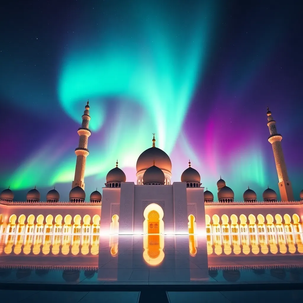 A mosque with the Northern Lights in the sky