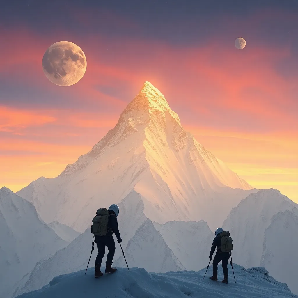 Two hikers on a snowy mountain with a planet in the sky