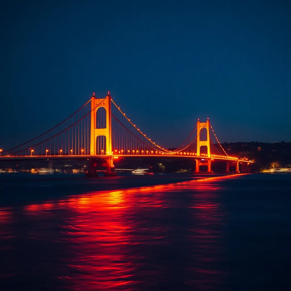 A bridge lit up at night with reflections in the water