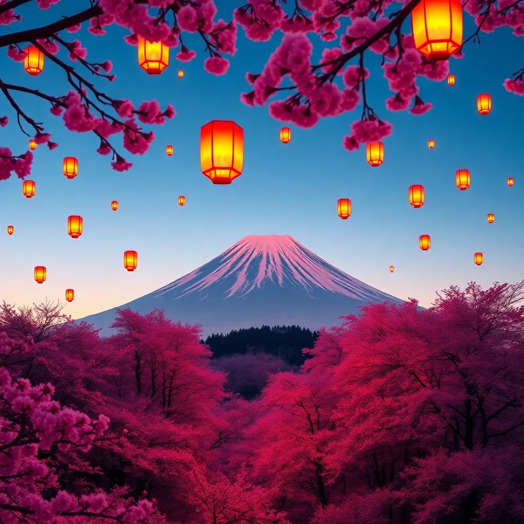 Mount Fuji with cherry blossoms and lanterns