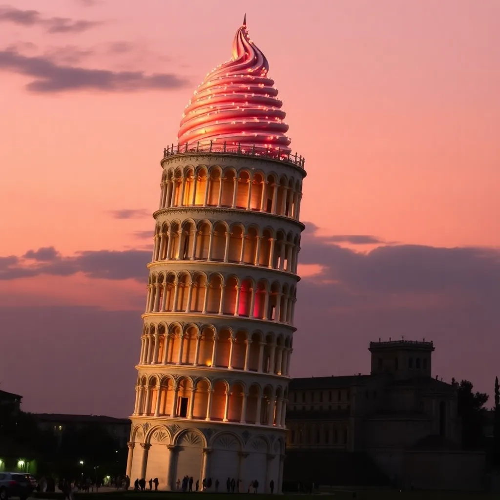 The Leaning Tower of Pisa with a cotton candy sky