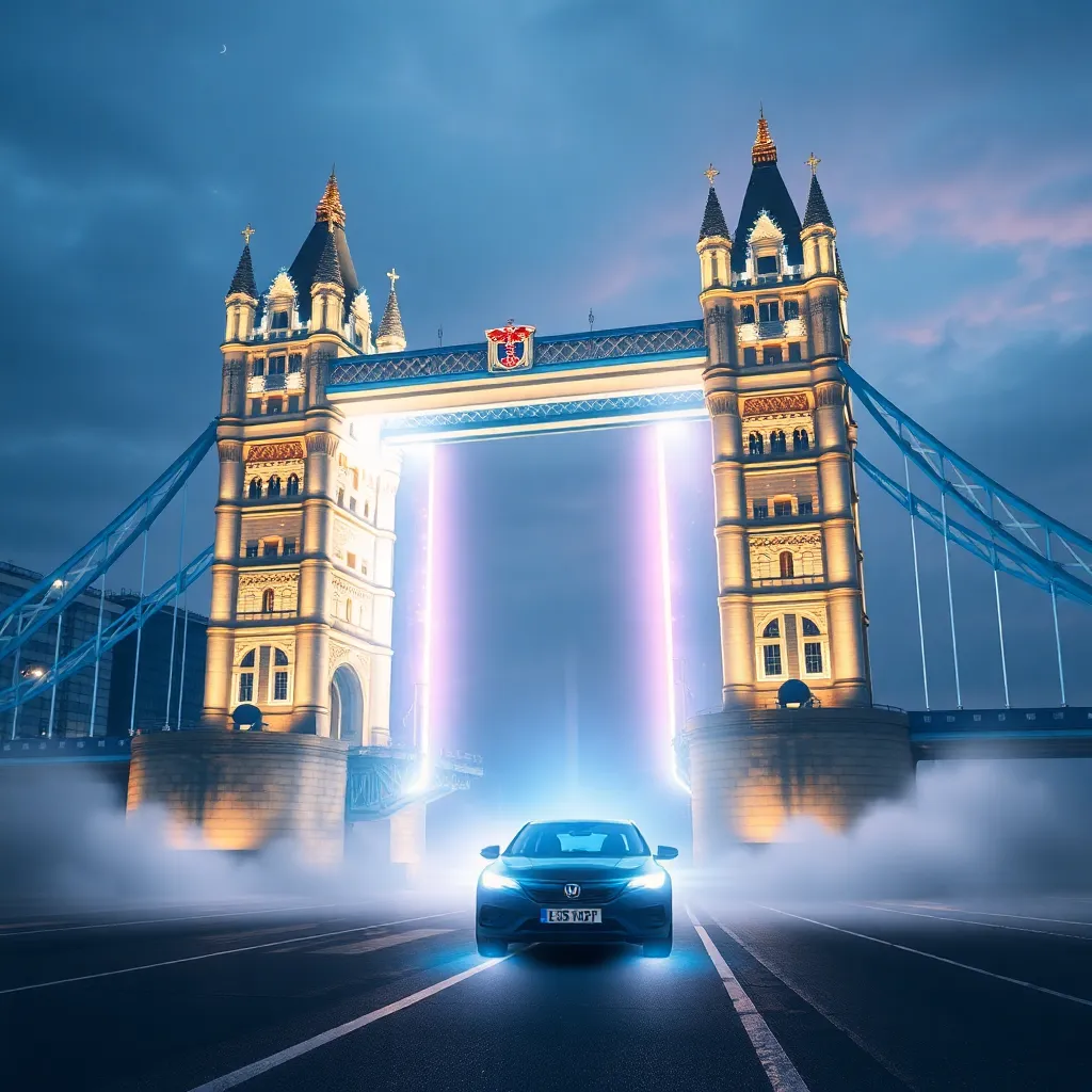 The Tower Bridge with a futuristic car driving through it