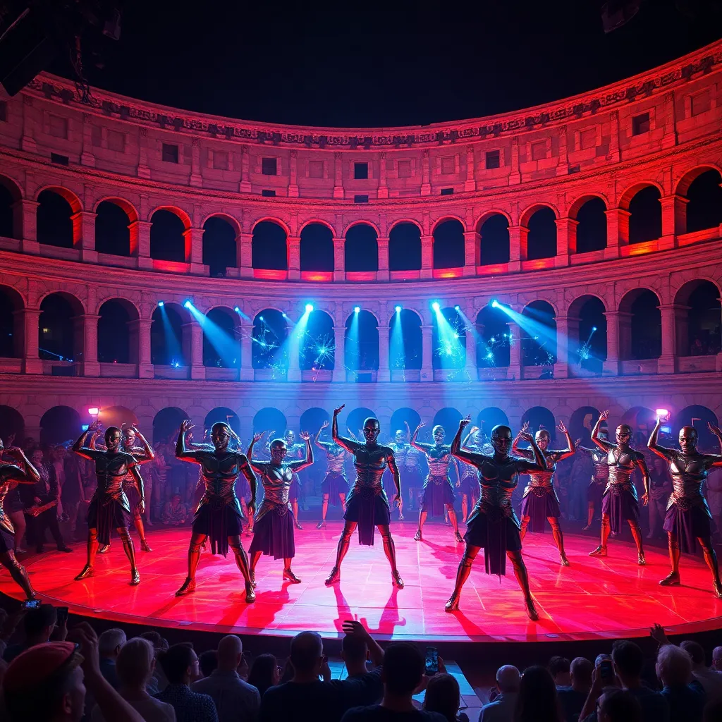 A stage performance in front of the Colosseum at night