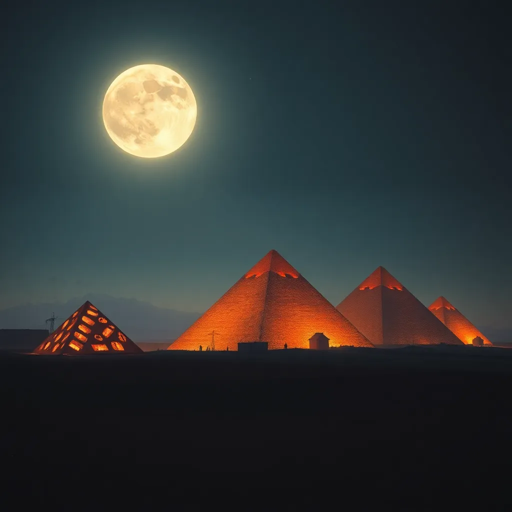 The Pyramids of Giza illuminated by moonlight