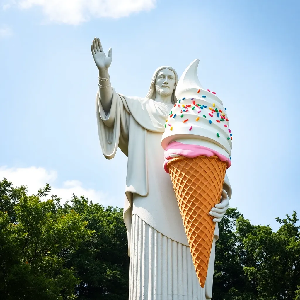 A statue of Jesus holding a giant ice cream cone