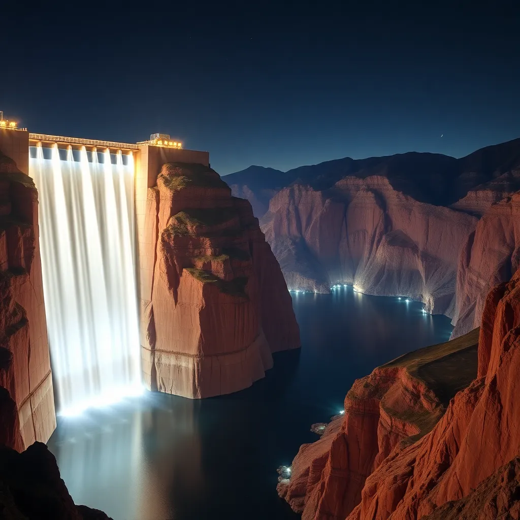 A waterfall cascading down a cliff at night