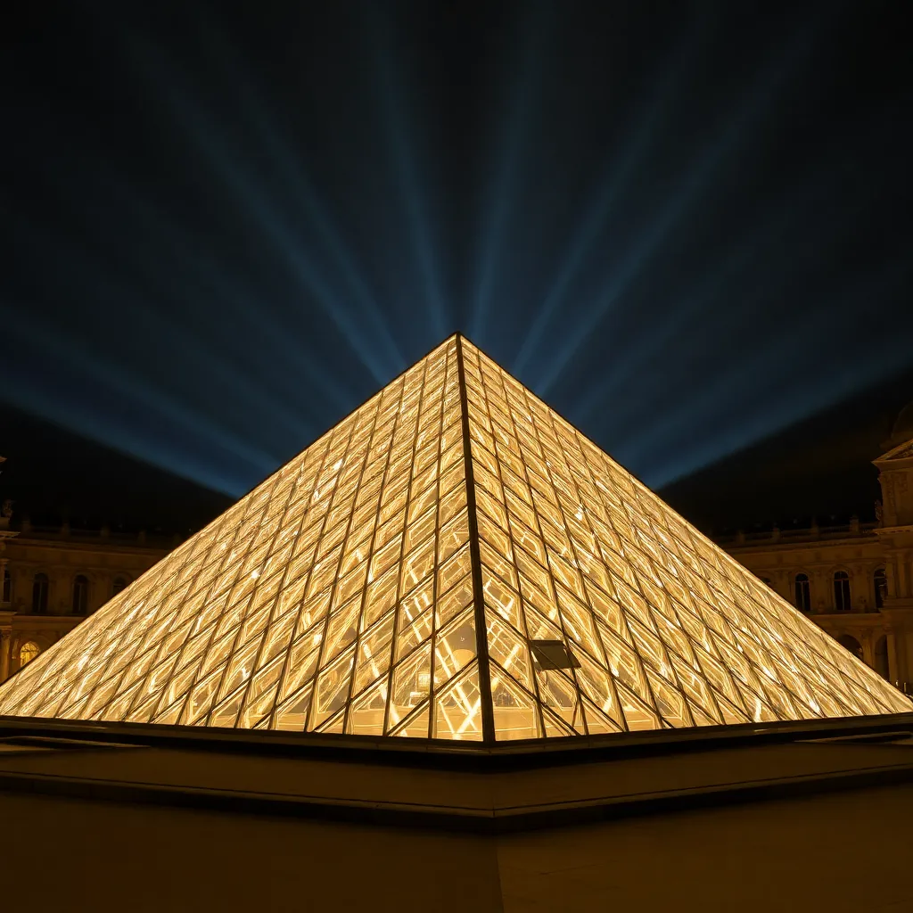 The Louvre Pyramid illuminated with lights