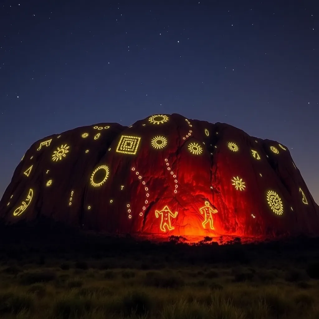 A rock formation with colorful lights