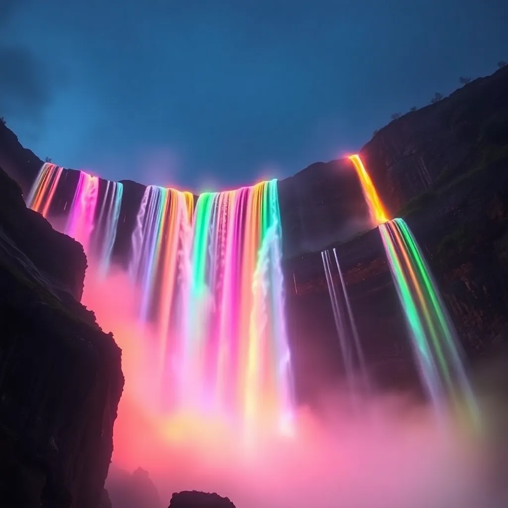 A waterfall with rainbow-colored lights