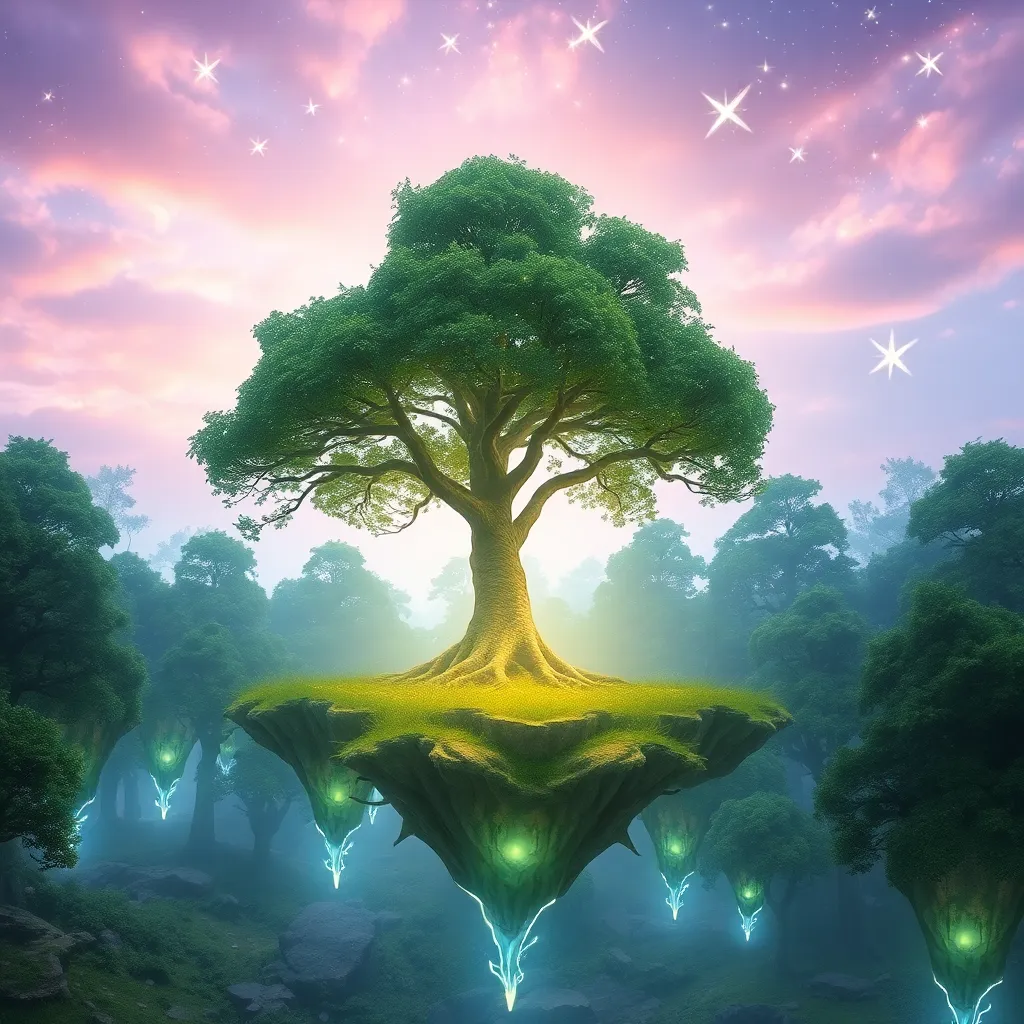 A large tree with glowing roots in a magical forest.