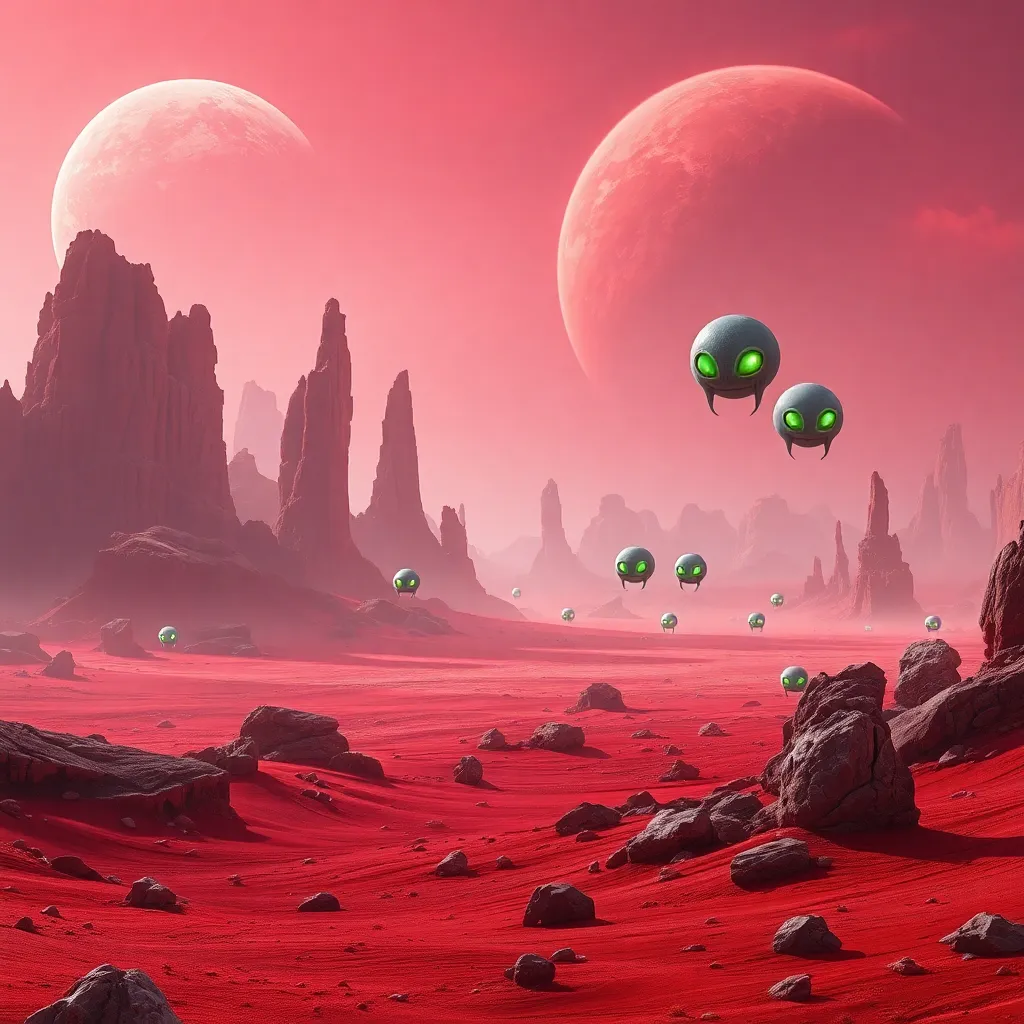 A desolate red planet with a futuristic city in the distance and flying vehicles in the sky.