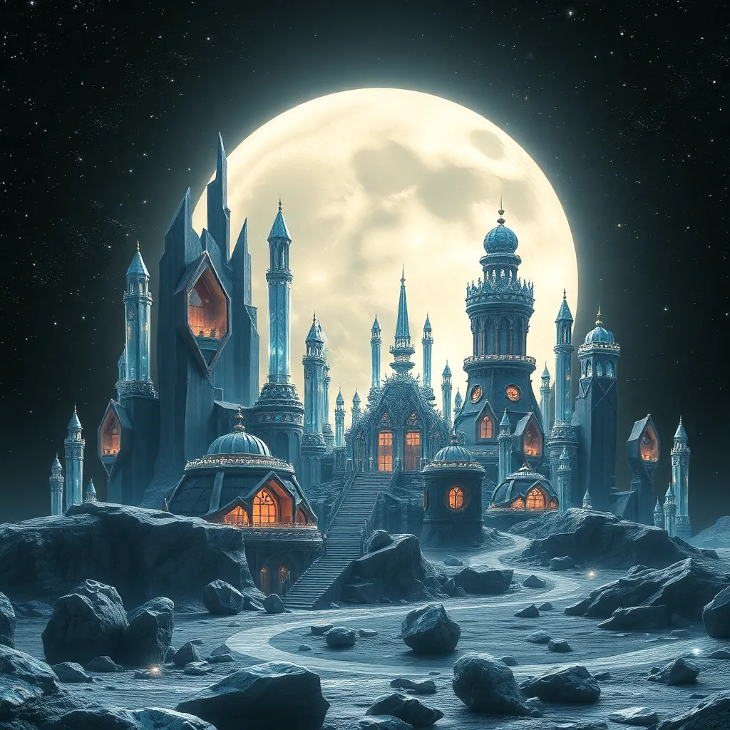 A dark, mysterious castle nestled in a rocky terrain with a full moon overhead.