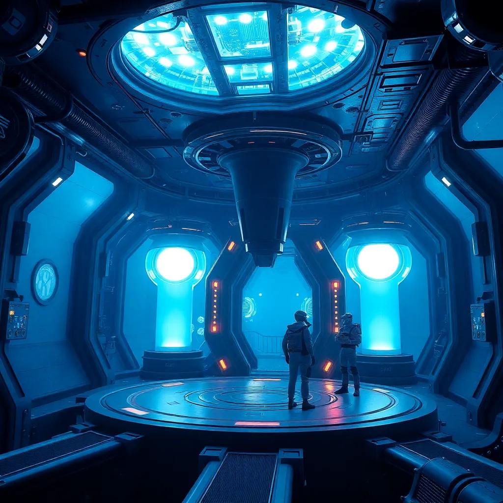 Two figures standing in a futuristic, glowing portal.