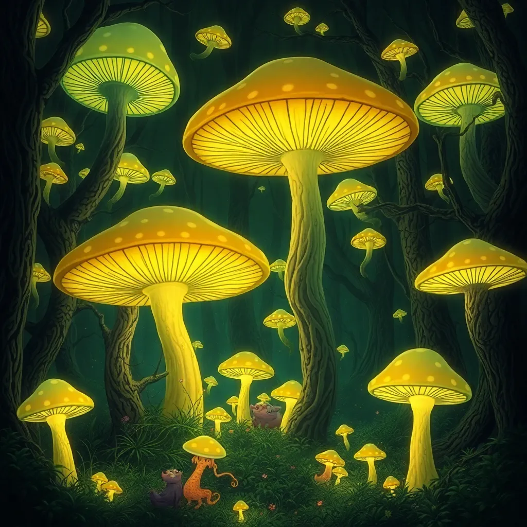 A vibrant forest filled with glowing mushrooms.