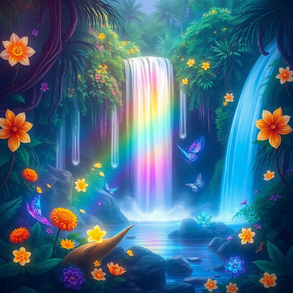 A colorful waterfall surrounded by vibrant flowers.