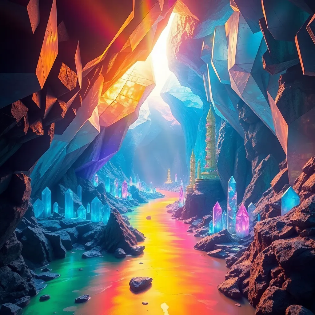 A glowing path leading through a dark cave with a colorful light source at the end.