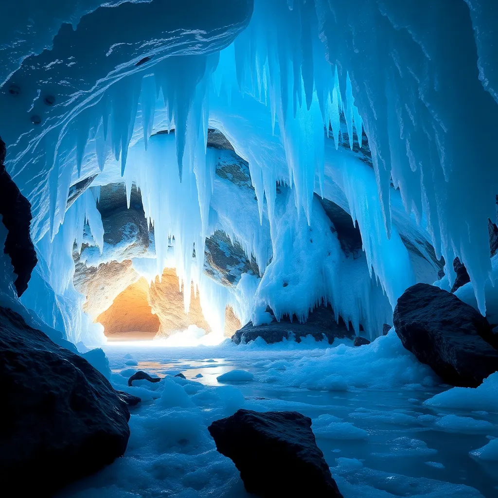 A stunning ice cave with a glowing blue light at the end.