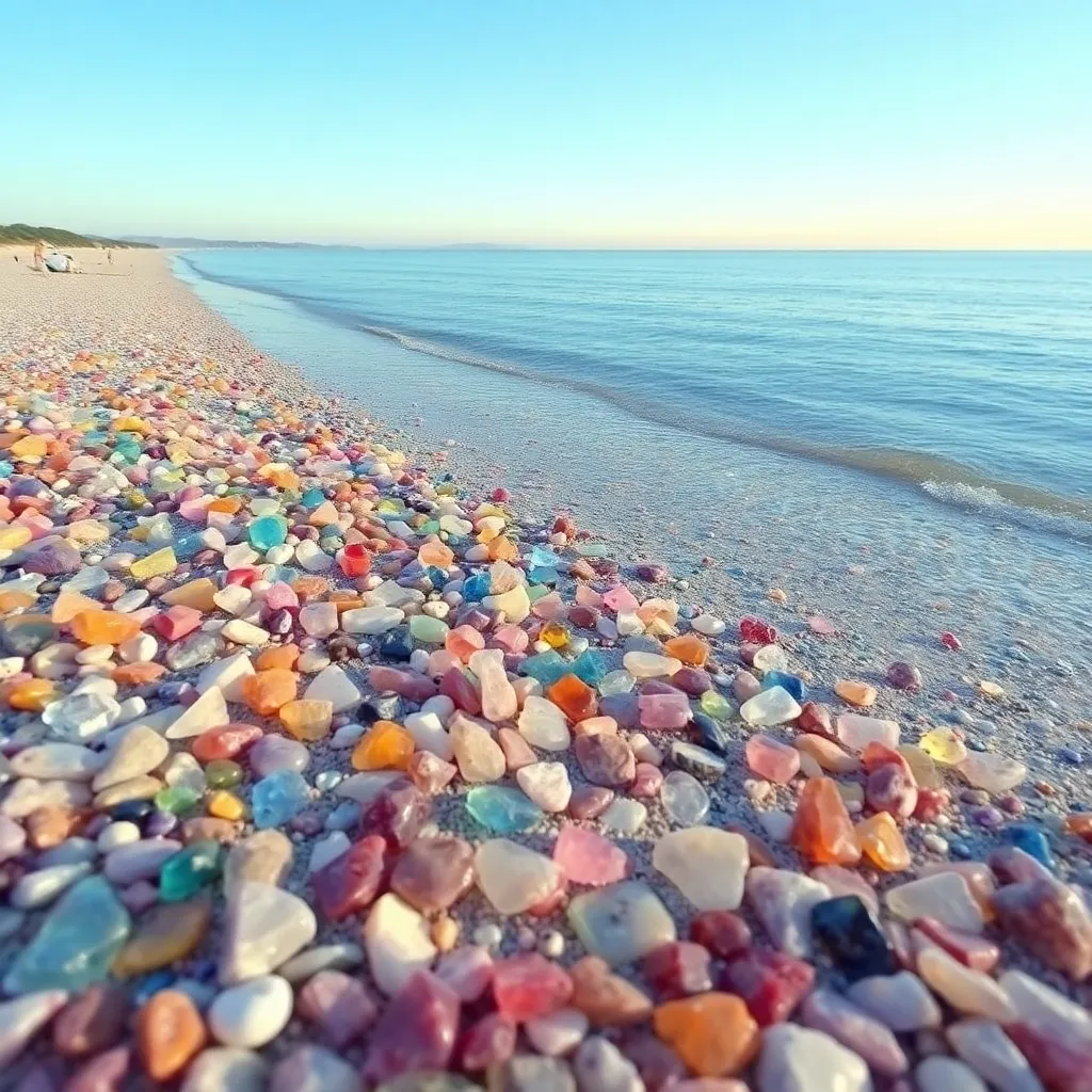 A beautiful beach with colorful pebbles and a calm ocean.