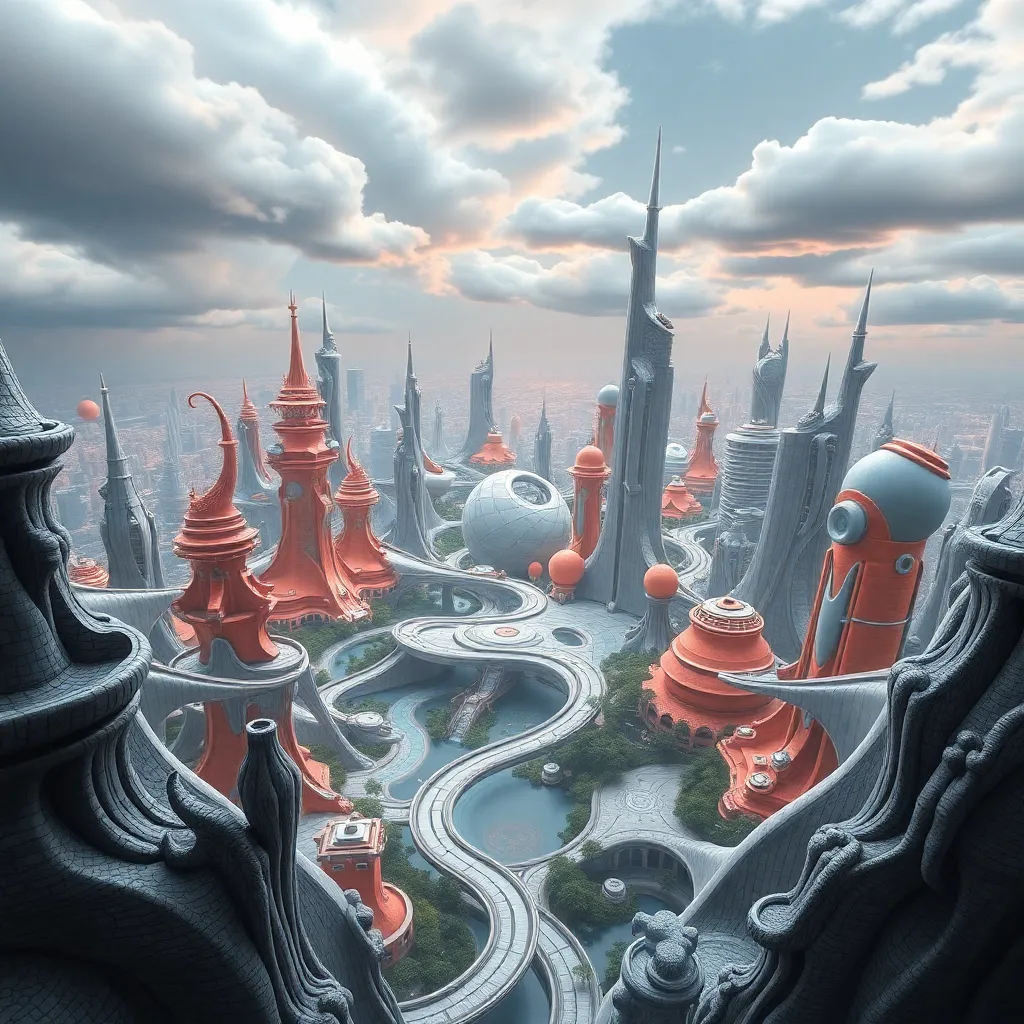 A futuristic city with towering buildings and a cloudy sky.