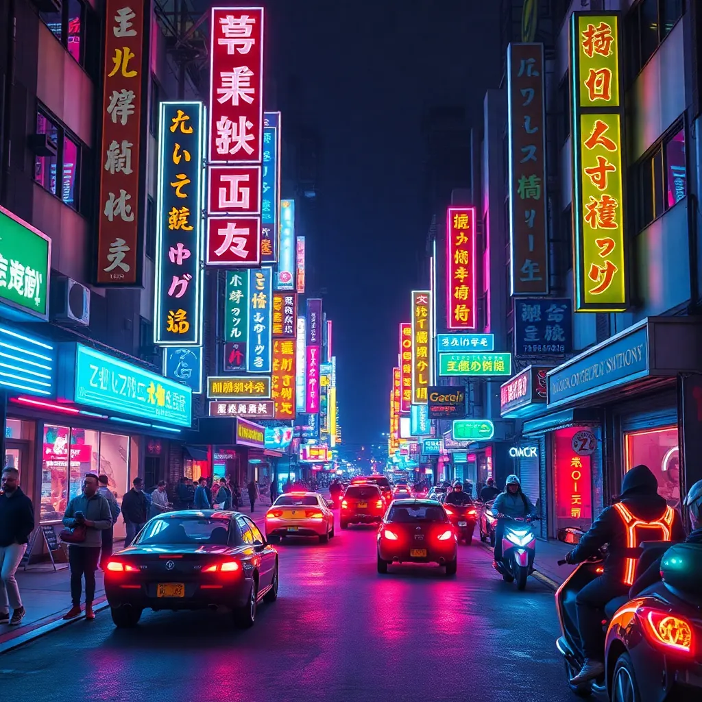 A vibrant street scene with neon lights and cars.