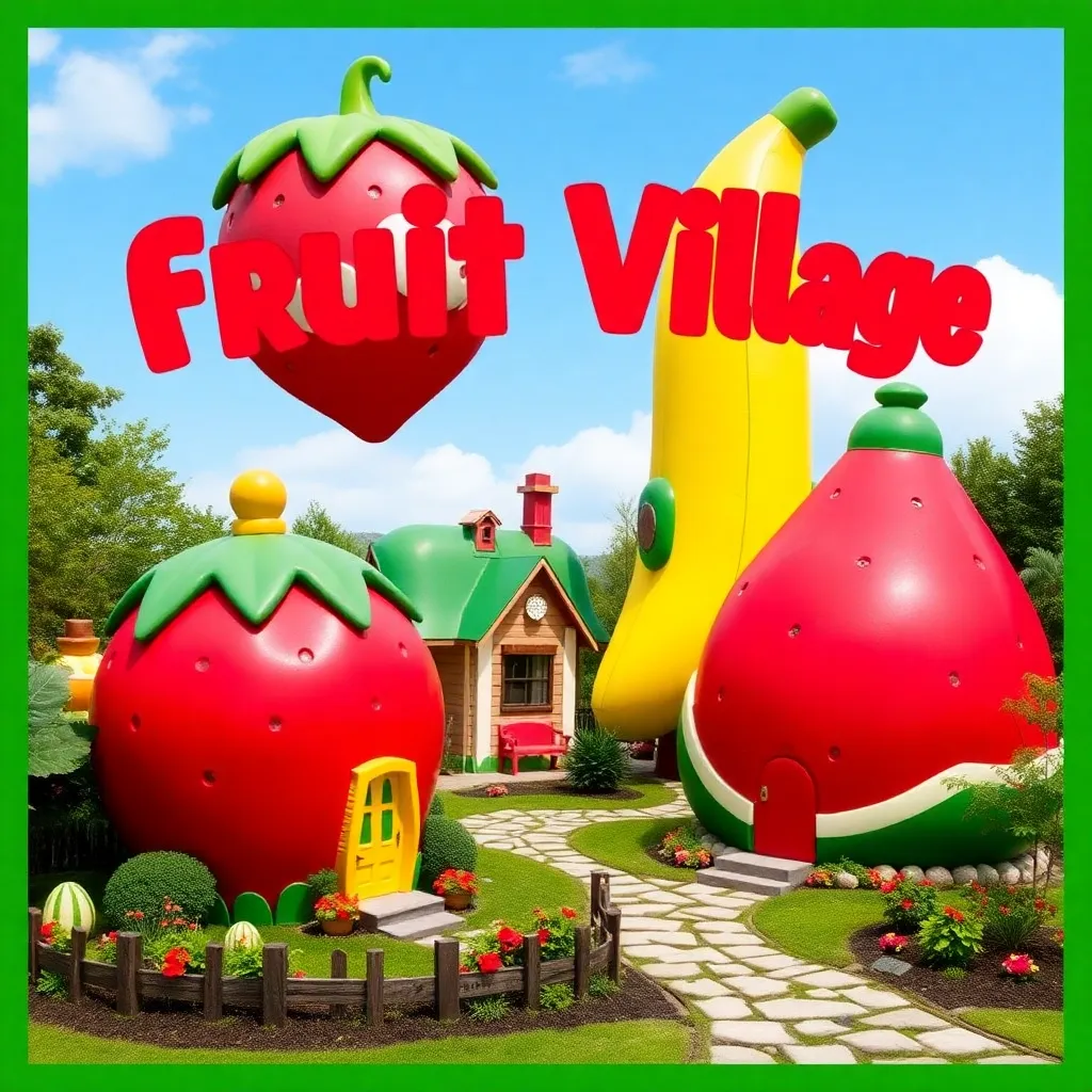 A vibrant fruit village with houses shaped like strawberries and bananas.