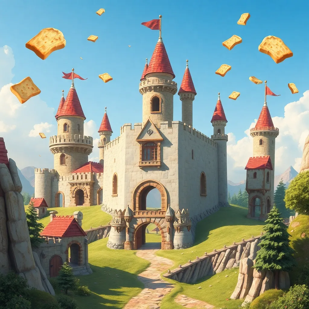 A fairytale castle with flying bread and a clear blue sky.