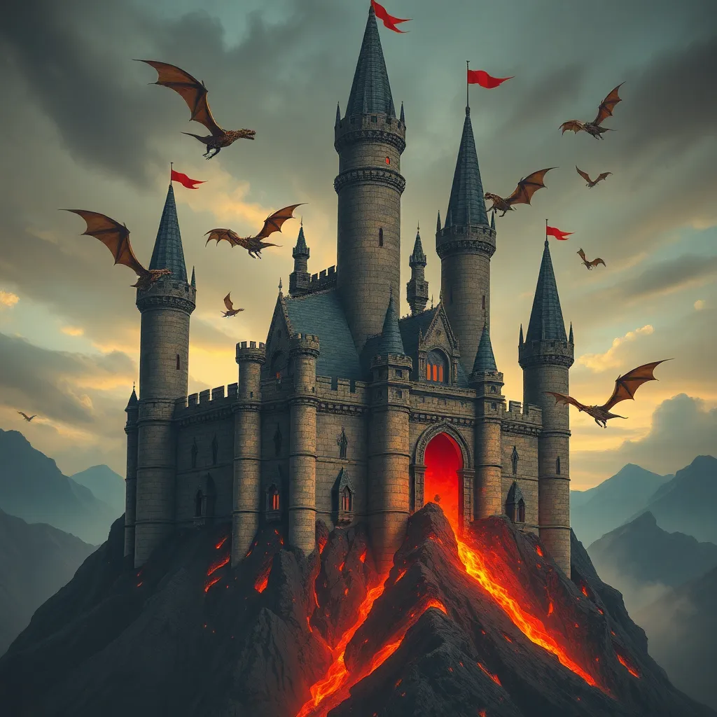 A dark, imposing castle with lava flowing nearby and bats flying in the sky.