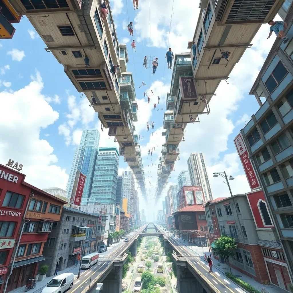 A surreal cityscape with buildings floating upside down in the sky.