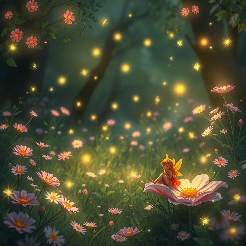 A small fox sitting on a flower surrounded by glowing fireflies.