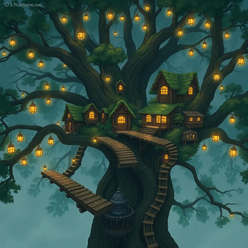 A cozy treehouse nestled among the branches of a large tree.