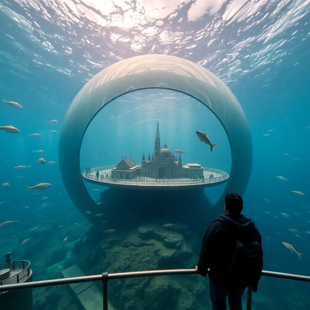 A man standing on a balcony overlooking a submerged city with a giant fish tank.