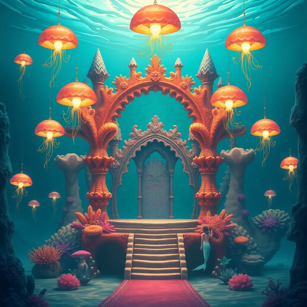 A grand, archway entrance adorned with glowing lanterns, leading into a fantastical underwater world.