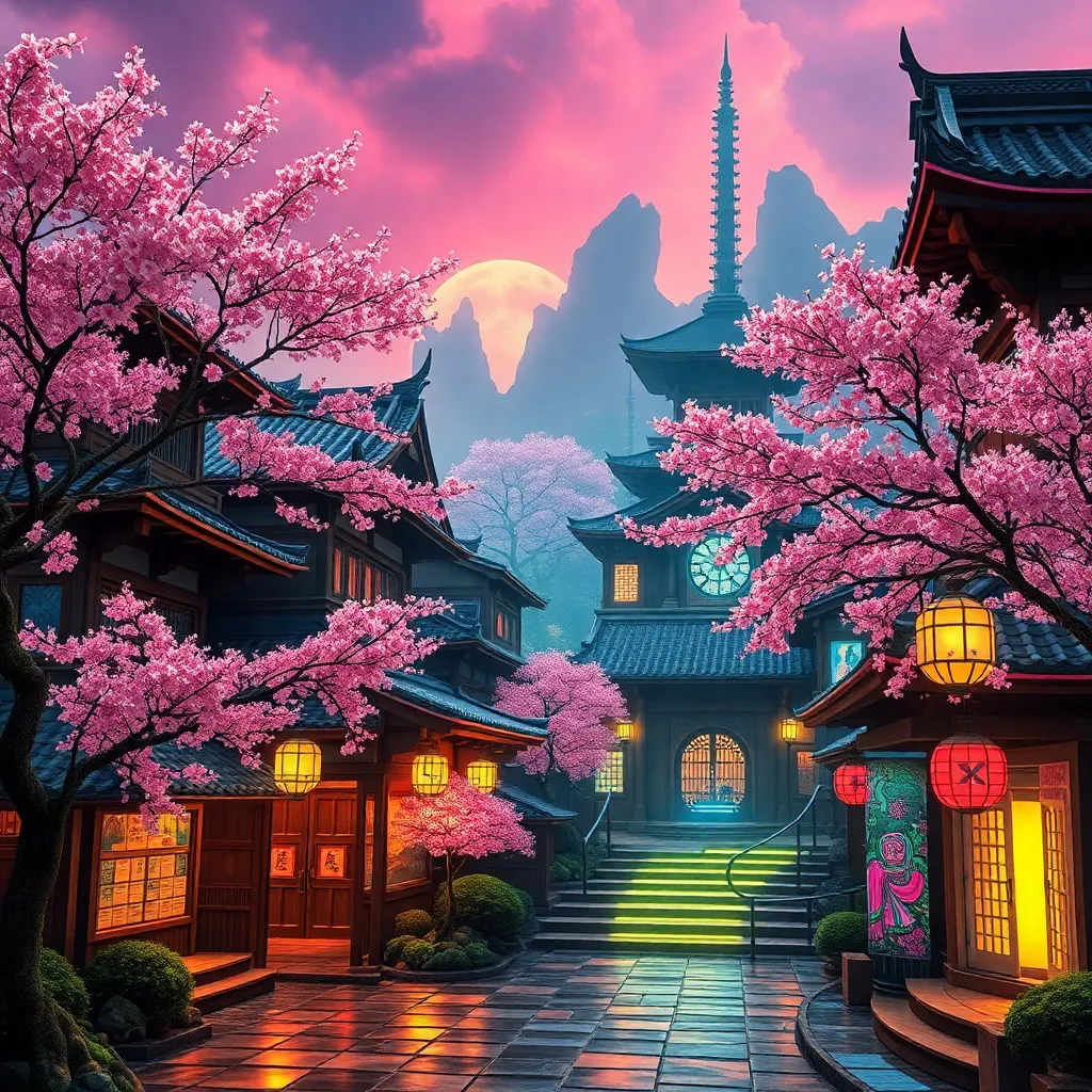 A peaceful Asian village with cherry blossom trees and colorful lanterns.