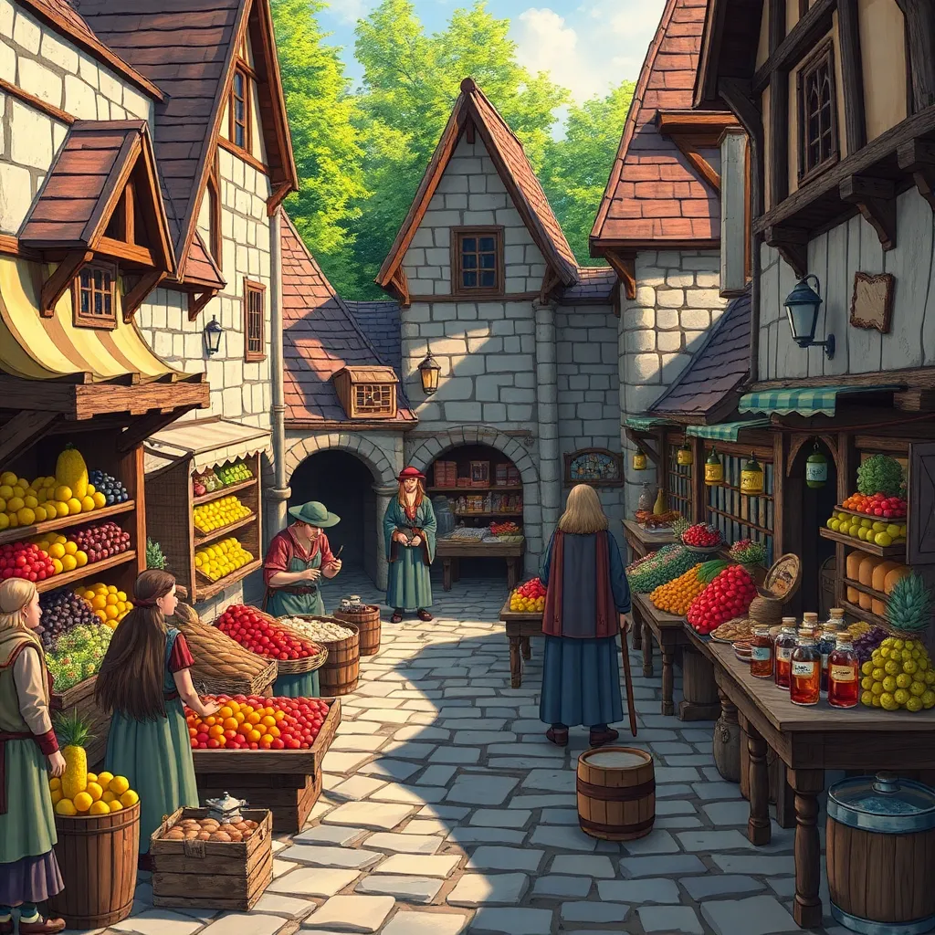 A bustling medieval European street market with vendors selling goods.