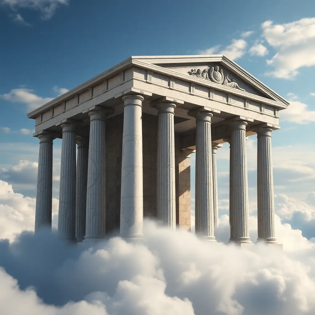 A Greek temple floating above the clouds.