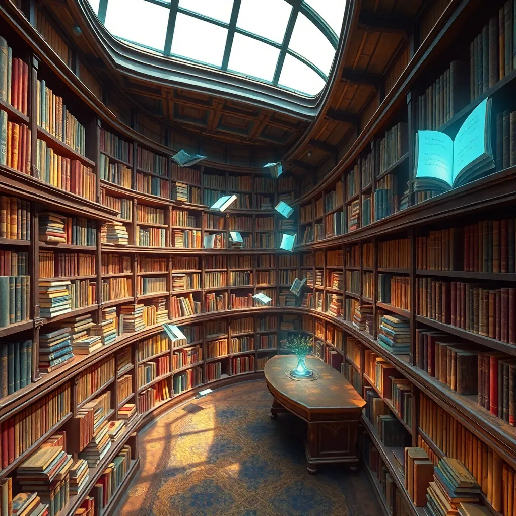 A person sitting at a table in the center of a large, circular library filled with bookshelves.