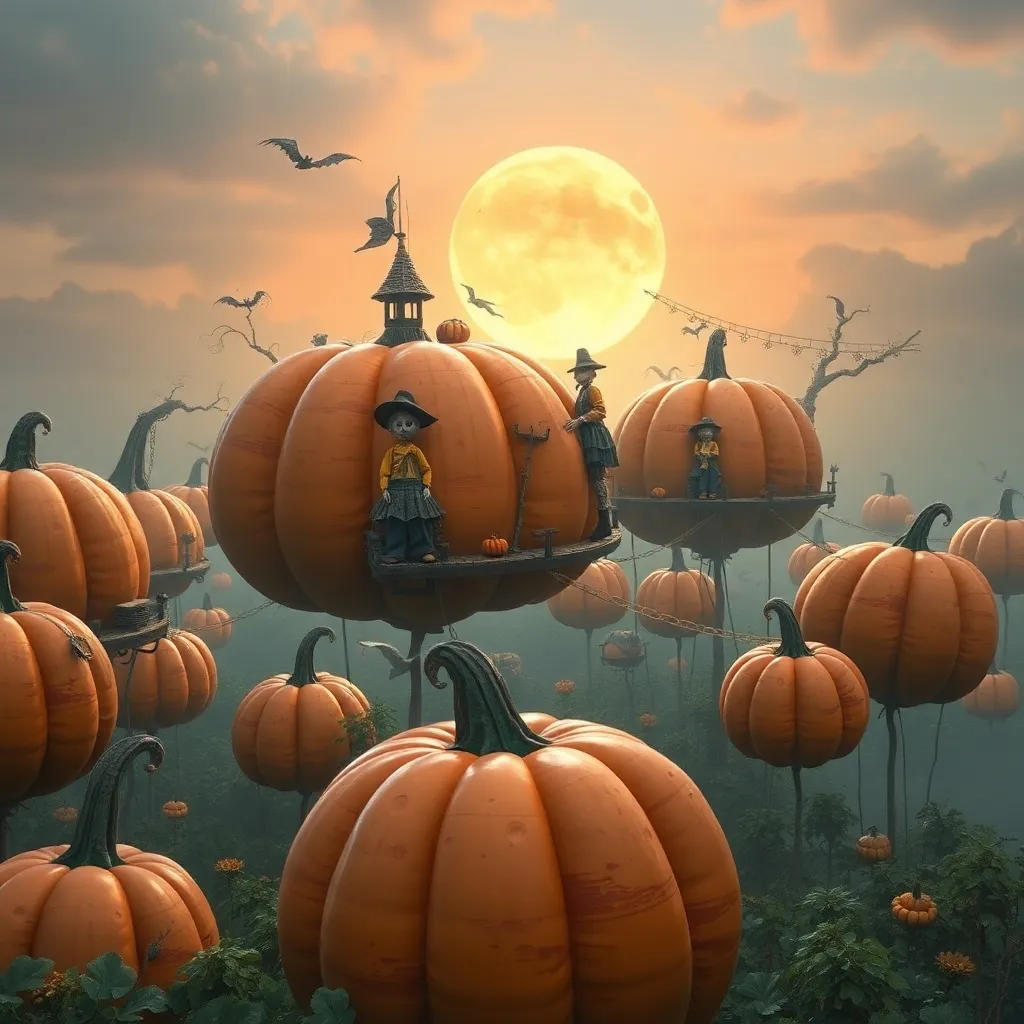 A field of giant pumpkins with a full moon and a spooky castle in the background.