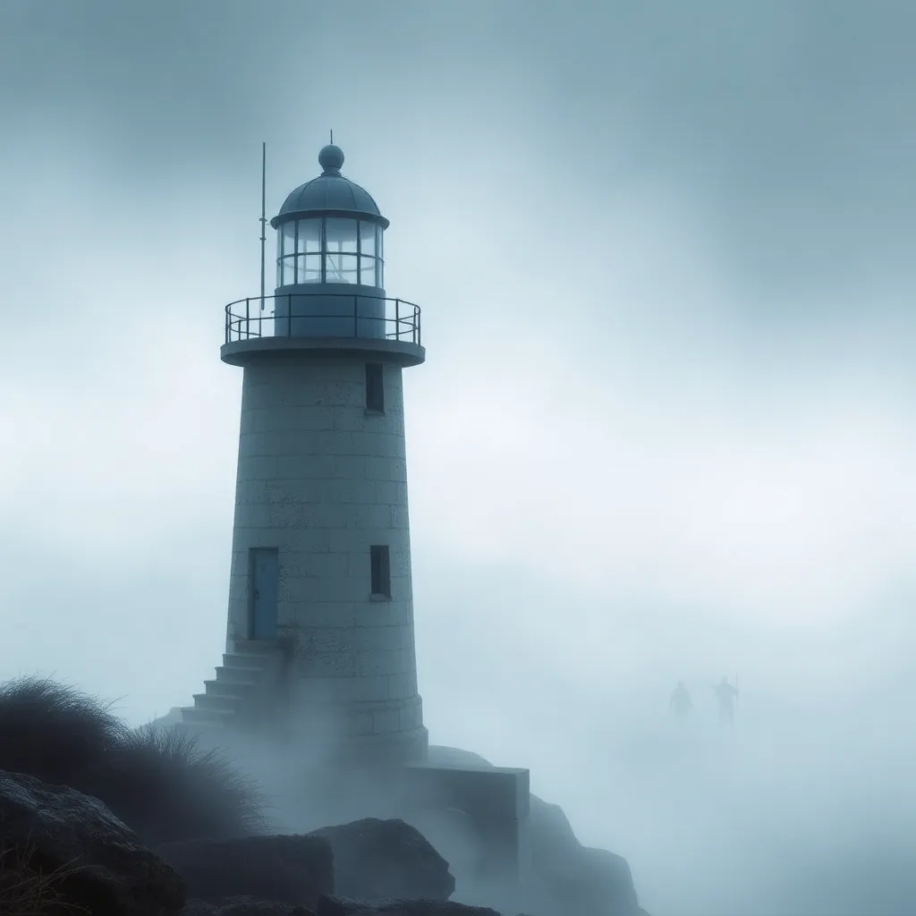 A lighthouse standing tall on a foggy cliff.