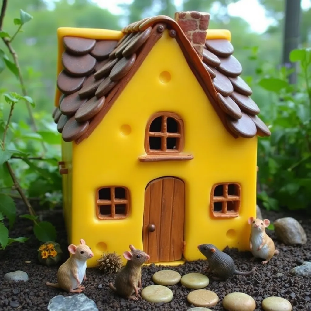 A miniature yellow house with a brown roof surrounded by rocks and pebbles.