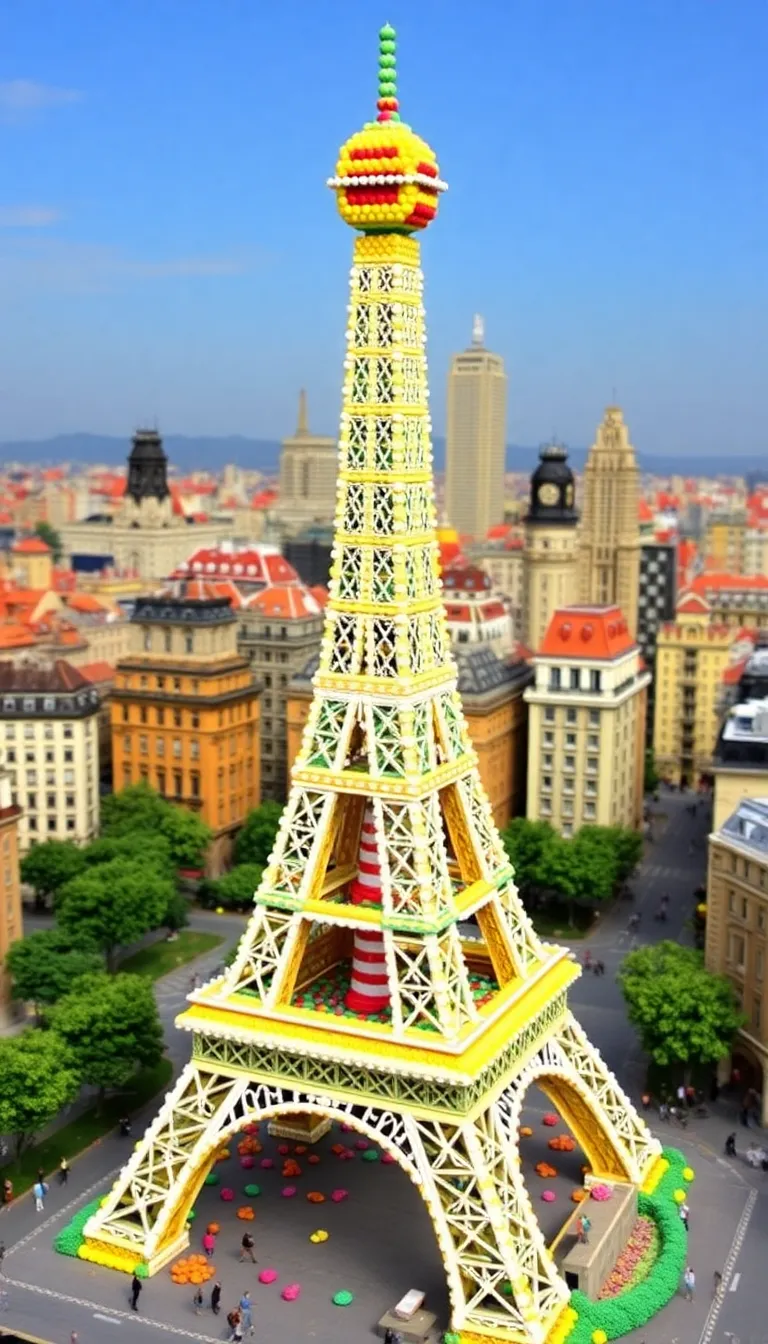 The Eiffel Tower made of Lego blocks, standing tall against a city skyline.