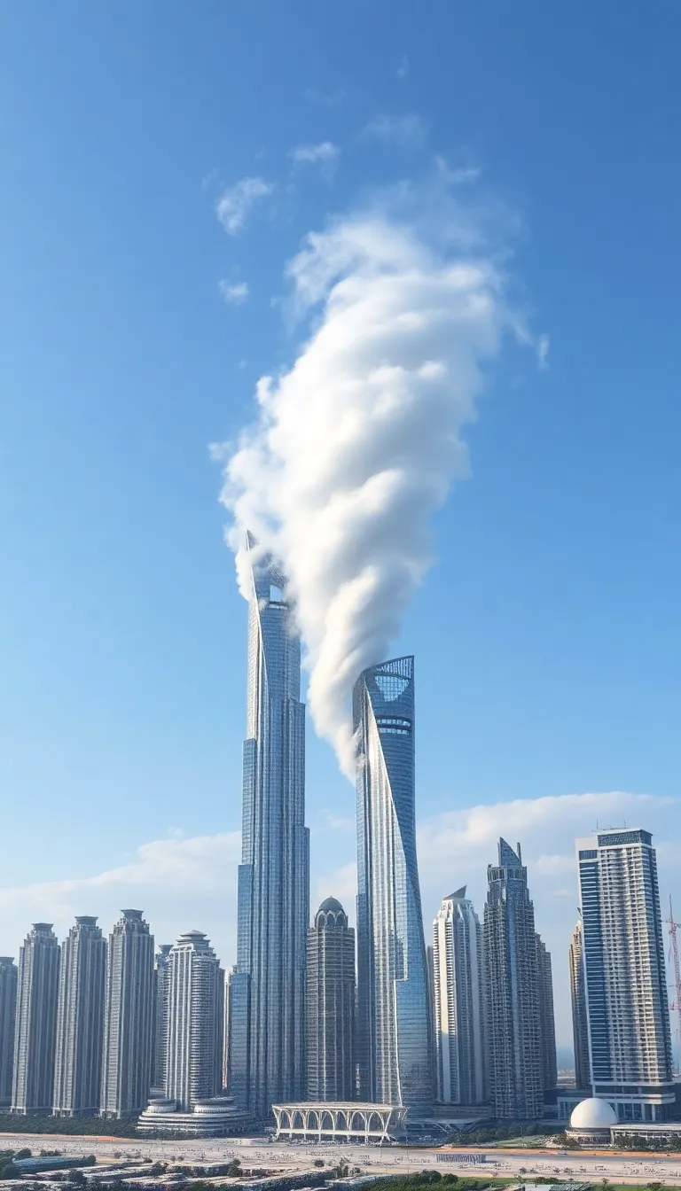 A view of a city with tall buildings and smoke rising from a factory.