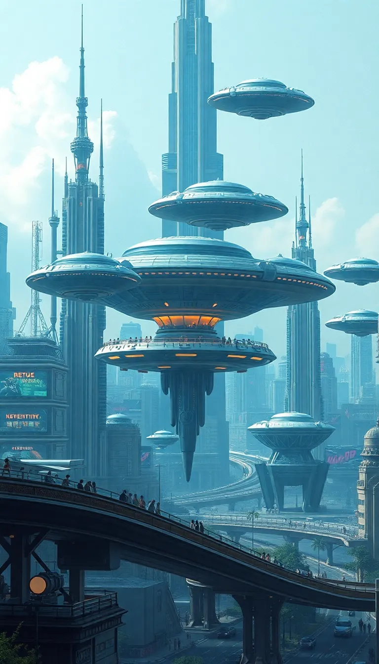 A futuristic city with flying saucer-shaped buildings hovering above a ground-level city.