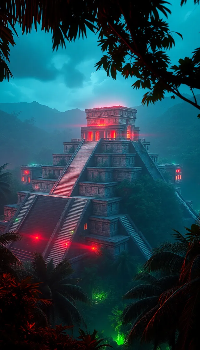 A mystical temple shrouded in darkness with glowing lights.